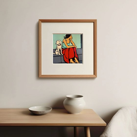 Dog and Woman in Red Skirt Small Painting