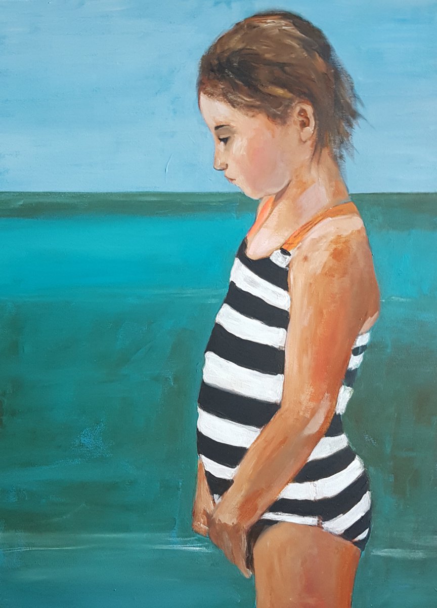 Impressionistic Portrait Acrylic Painting By Els Driesen, 24 X 31, Swimming At Sea, Original Artwork