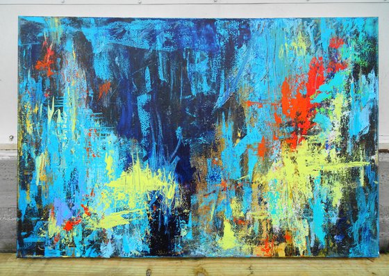 Large Abstract Landscape Painting. Blue, Red, Teal, Brown. Modern Textured Art