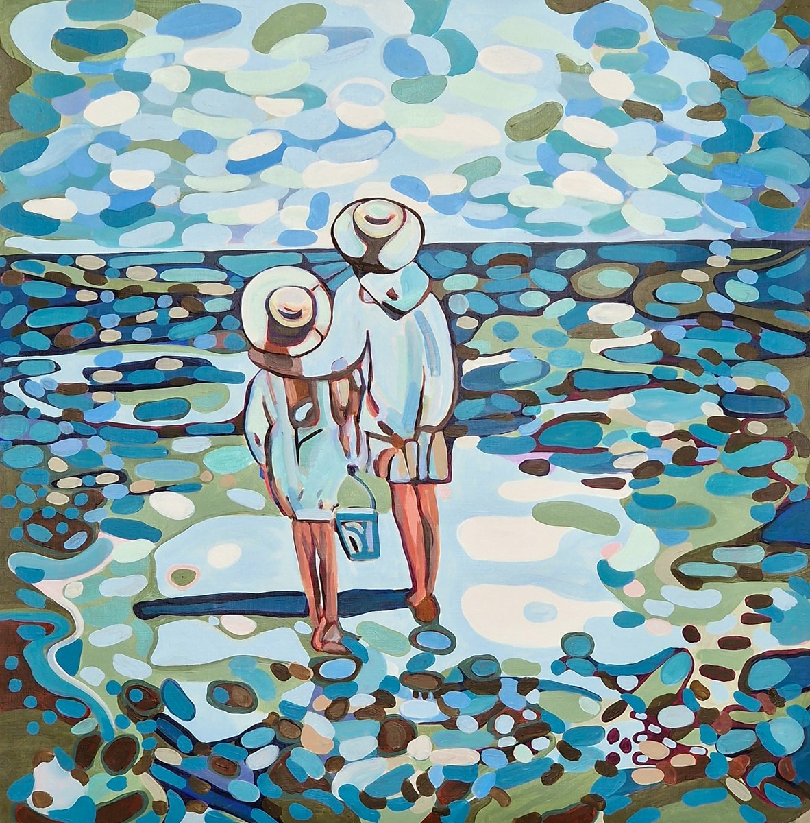 Expressive Portrait Acrylic Painting By Alexandra Djokic, 31 X 32, At The Beach, Original Artwork