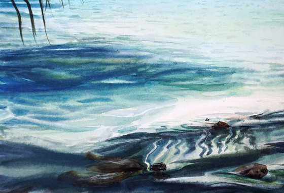 Paradise Beach ORIGINAL Watercolor Painting - Blue Sea Waters Painting