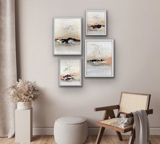 Poetic Landscape - Peach , White, Black - Composition 4 paintings framed - Wall Art Ready to hang