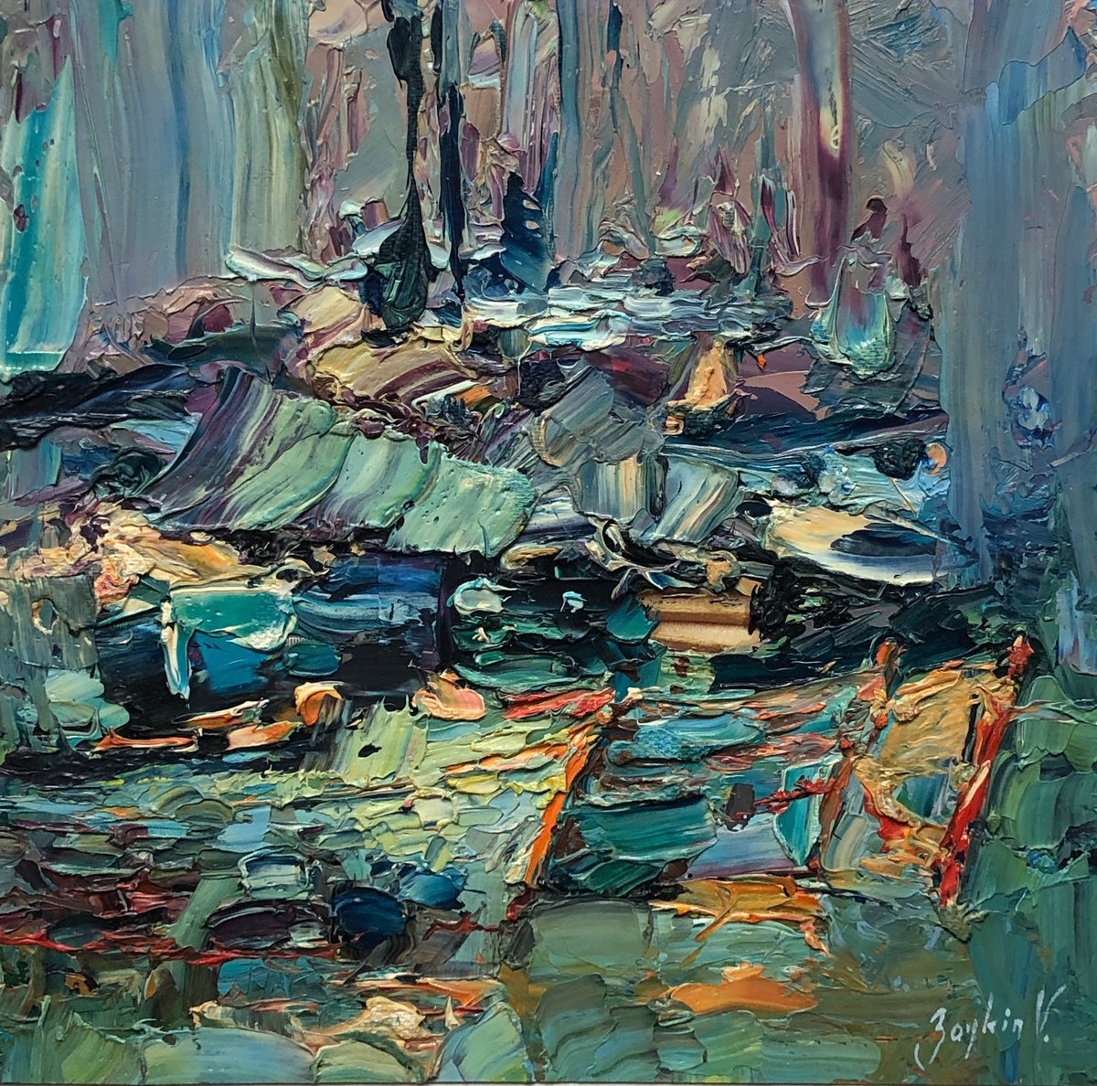 Impressionistic Landscape Oil Painting By Viacheslav Zaykin, 8 X 8", Landscape With Boats., Original Artwork