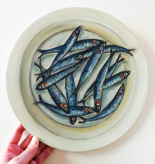 "Anchovies in a Plate" Original Oil on Round Canvas Board Painting 12 by 12 inches (30x30 cm) by Katia Ricci