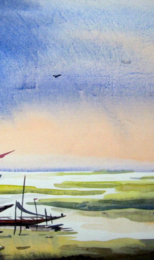 Fishing Boat and Monsoon day-Watercolor on Paper by Samiran Sarkar