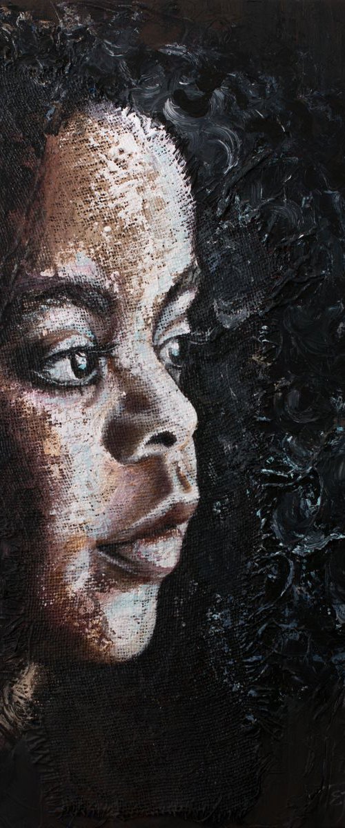 "Naomi",Original  acrylic painting on canvas and sack,large format 70x100x2cm by Elena Kraft