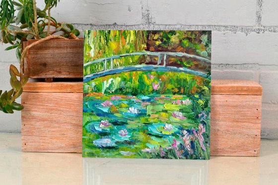 Monet Pond Painting Impressionism Original Art Water Lily Artwork Landscape Impasto Floral Wall Art
