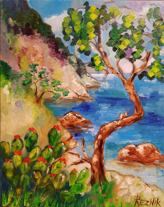 A pine tree above the sea 40*50 cm