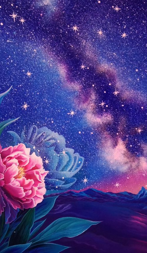 "Dreamland", original peony painting, landscape art, milky way by Anna Steshenko