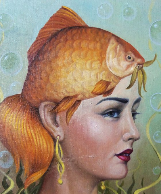 The golden fish 30x40cm, oil painting, surrealistic artwork