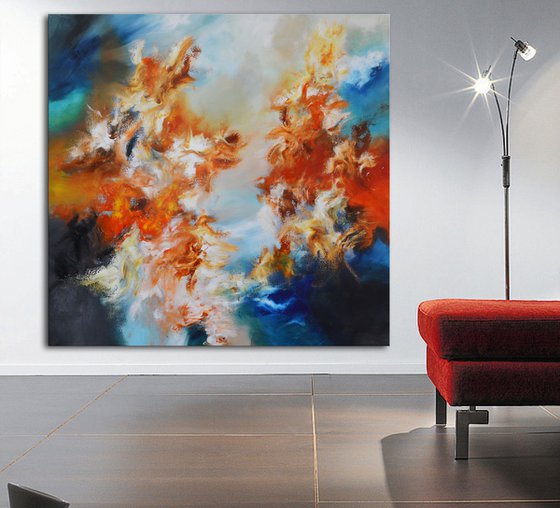 Large abstract painting with blue and red - Colliding Worlds - 60"x60" square original art