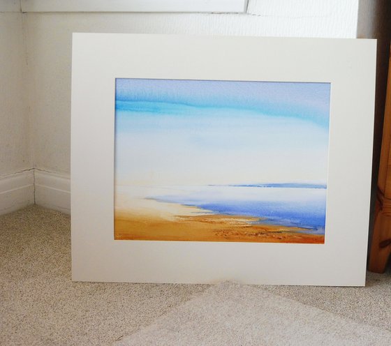 CALM BEACH BLUE SEA SKY. Impressionistic Original Seascape Watercolour Painting.