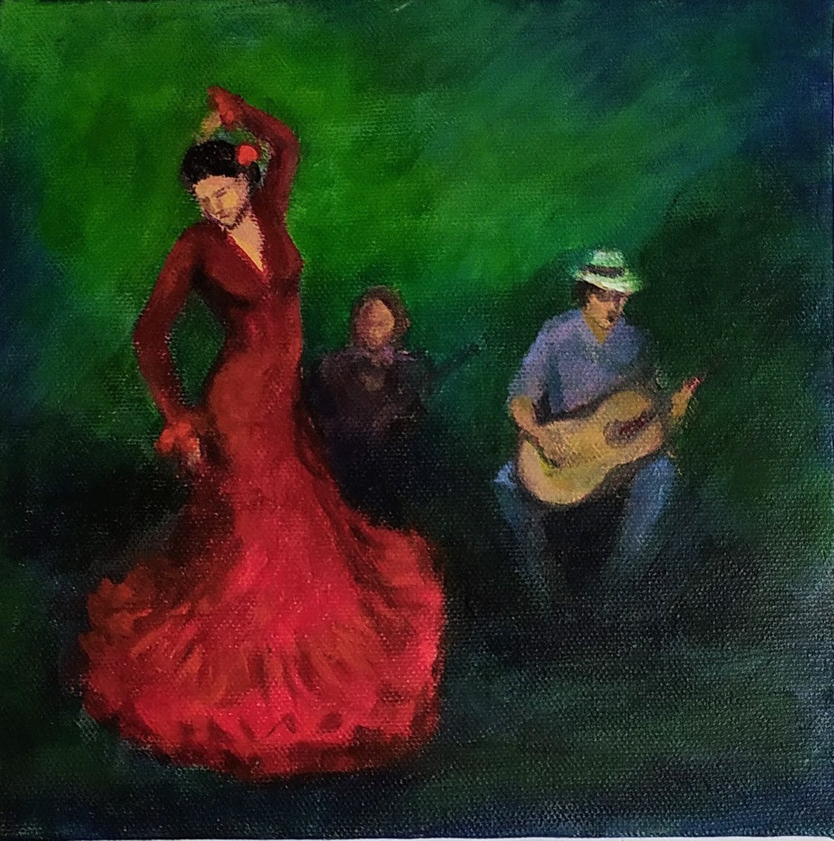 Impressionistic Portrait Acrylic Painting By Asha Shenoy, 8 X 8, The Flamenco Dancer In Red, Original Artwork