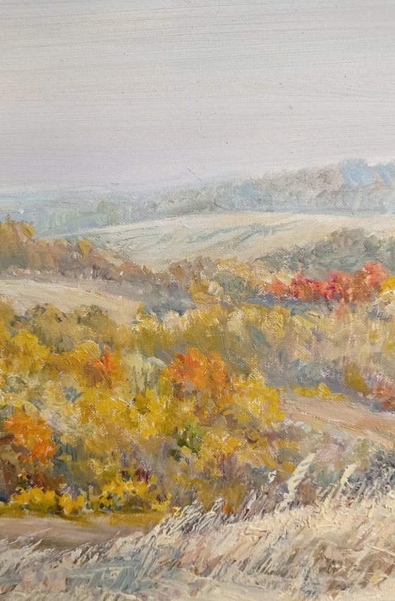 Warm autumn day outside a village / Original painting Panoramic picture Plein air artwork Ukrainian landscape