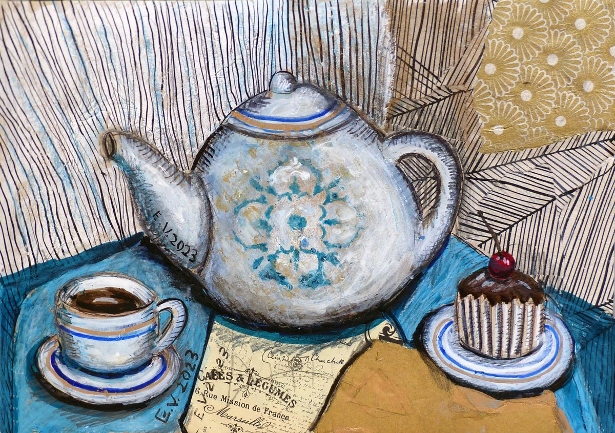 Expressive Still Life Painting By Elizabeth Vlasova, 12 X 9, Tea Party, Original Artwork