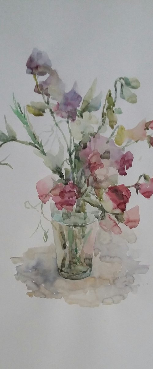 Bouquet of sweet peas. Original watercolour painting. by Elena Klyan