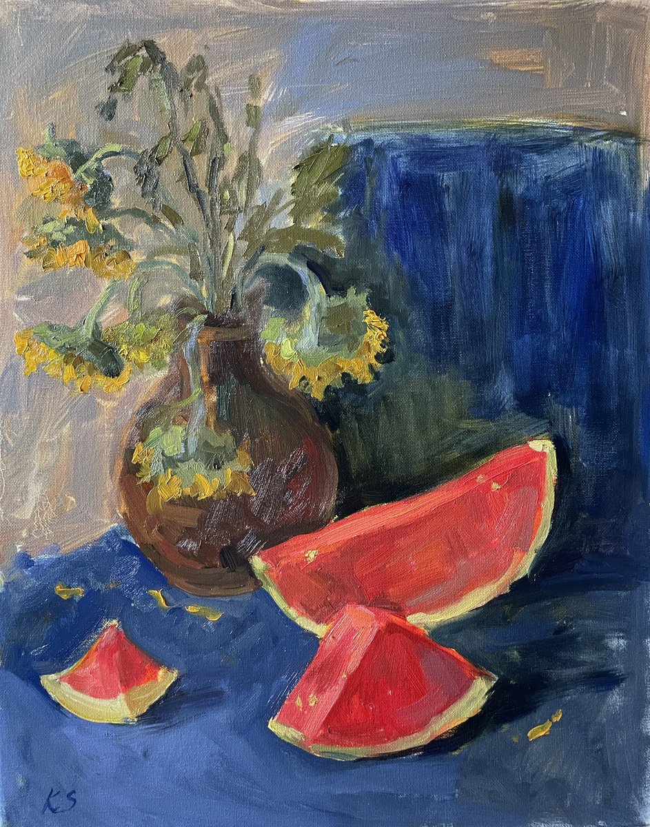 Impressionistic Still Life Oil Painting By Kate Sosonna, 16 X 20", Sunflowers And Watermelon, Original Artwork
