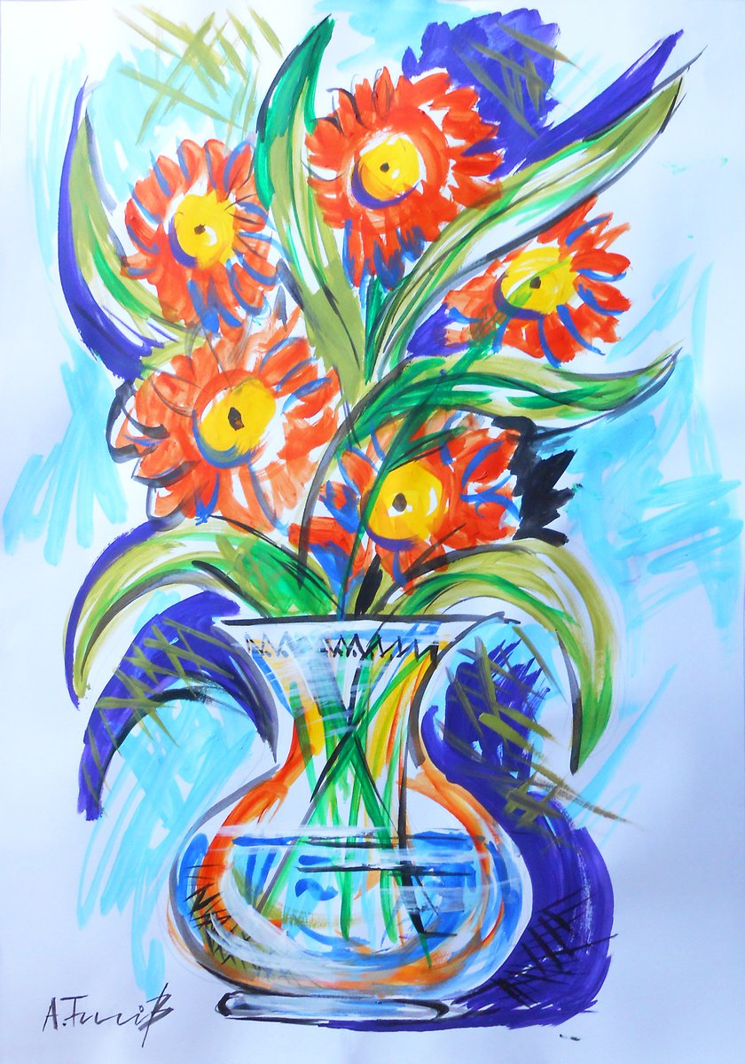 Abstract Botanical Acrylic Painting By Alexander Titorenkov, 14 X 20, Impression I, Original Artwork