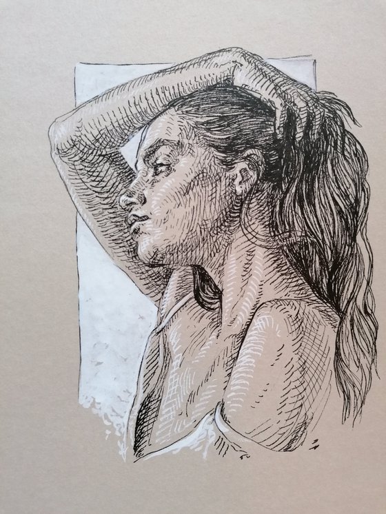 Young woman portrait. Fineliner drawing. Black and white art Ink drawing by  Katarzyna Gagol