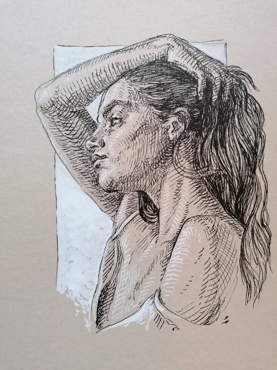 Young woman portrait. Drawing on paper