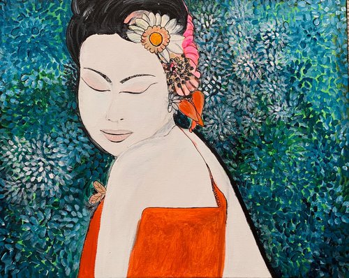 Portrait III, Acrylic Painting on Canvas, Original Paintings, Fine Art Canvas Paintings, Oriental Inspiration, Geisha Artwork, Gift Ideas by Kumi Muttu