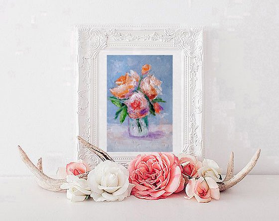 Bouquet Painting Original Art Pink Floral Artwork Flower Still Life Wall Art Impasto Small Oil Panting