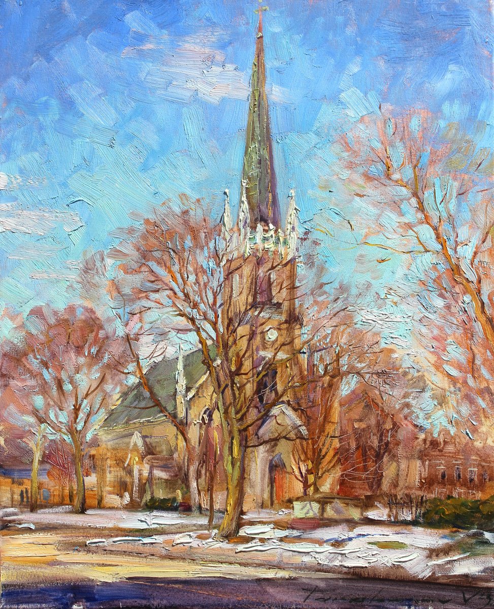 Impressionistic Cityscapes Oil Painting By Volodymyr Tarabanov, 16 X 20", March Sun. Church, Original Artwork