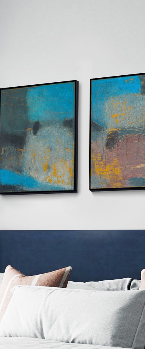 Ash-bluish Abstract Diptych by Bo Kravchenko