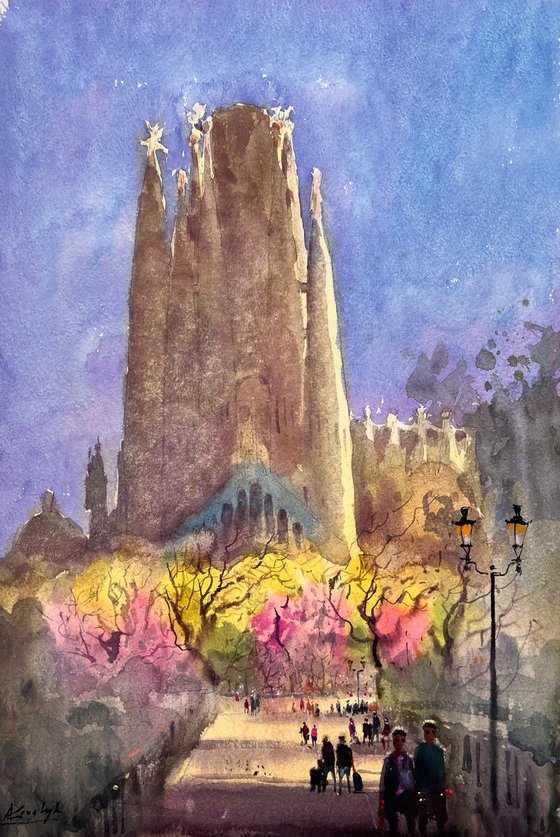 A spring morning with a view of the Sagrada Familia in Barcelona