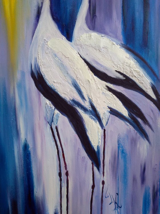 Storks Painting Bird Original Art Couple Abstract Oil Impasto Animal Artwork Home Wall Art 20 by 32" by Halyna Kirichenko