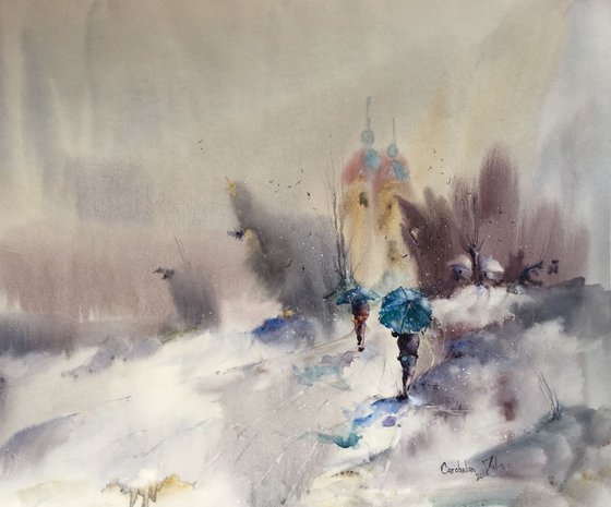 SOLD "Landscape with blue umbrellas and snowflakes"