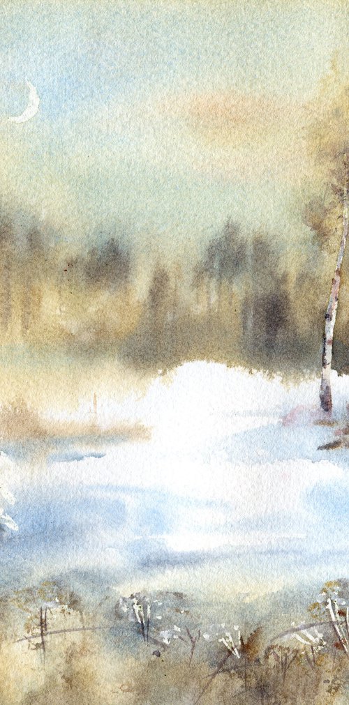 Winter forest in watercolor, Snow landscape, Moon and trees by Yulia Evsyukova