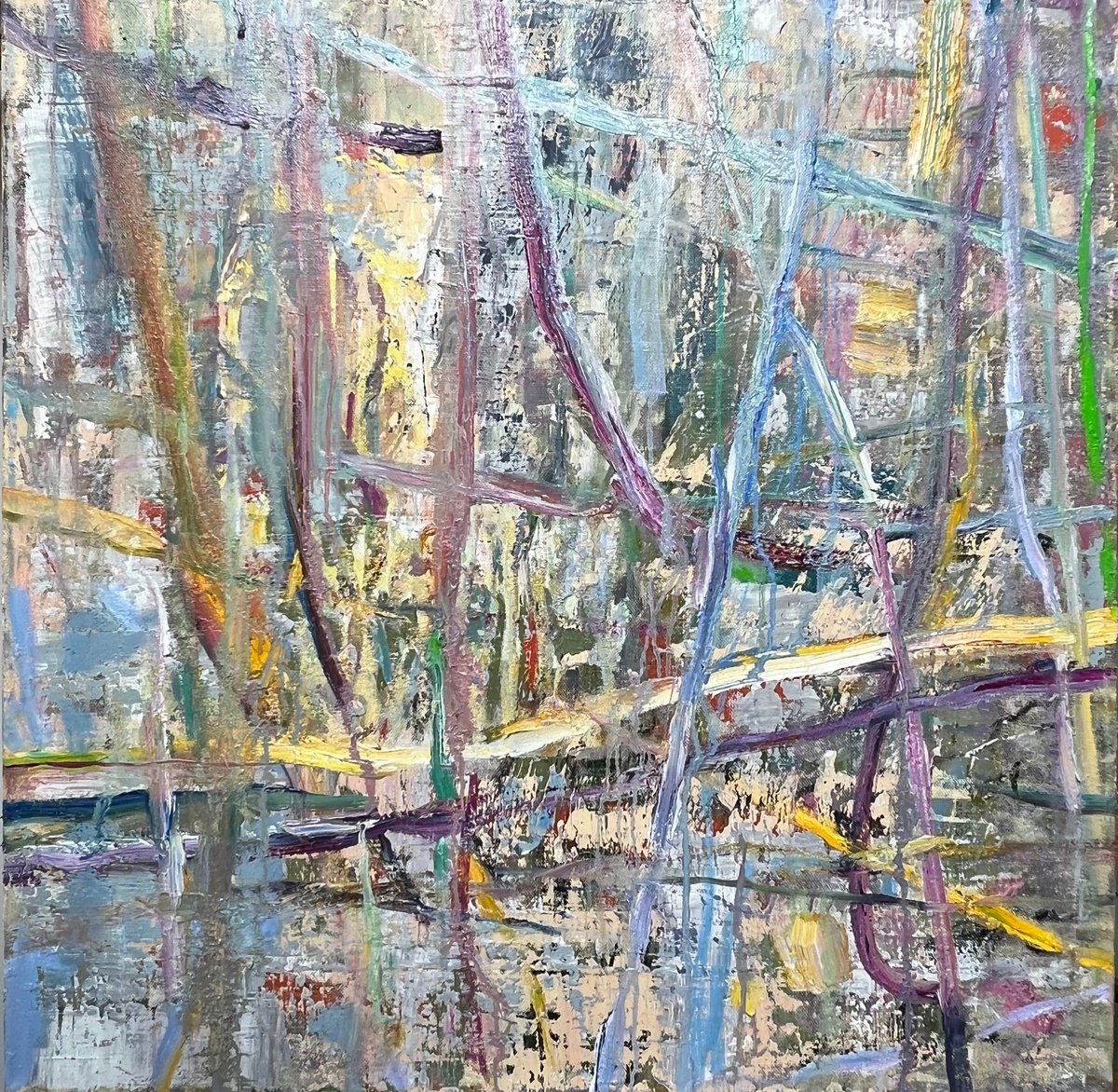 Organic Abstract Oil Painting By Florina Breazu, 28 X 28, Strings Ii, Original Artwork