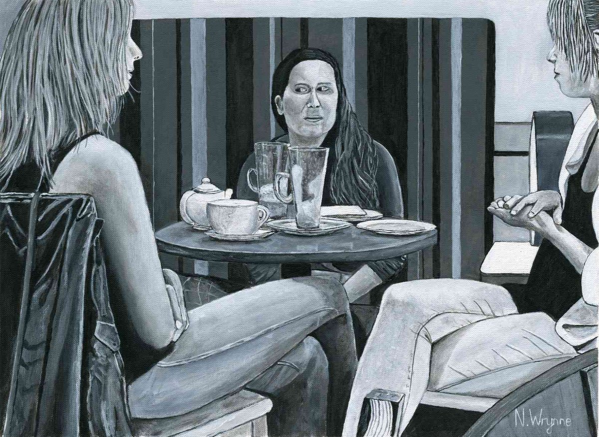 Original Acrylic Painting - Two Lattes and a Pot of Tea - Coffee Shop Friends Cafe Black W... by Neil Wrynne