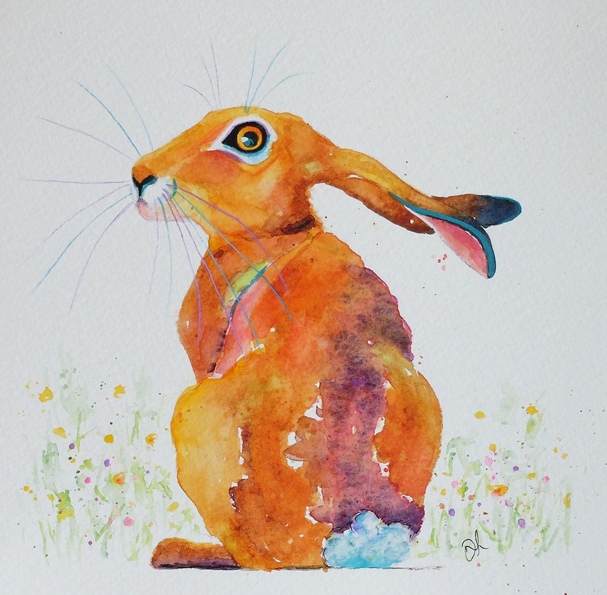 Colourful Hare In Watercolour by Denise Laurent