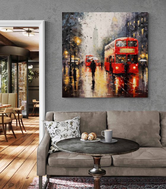 Rainy evening in London. Urban cityscene impressionistic landscape art. Large wall home decor. Art Gift