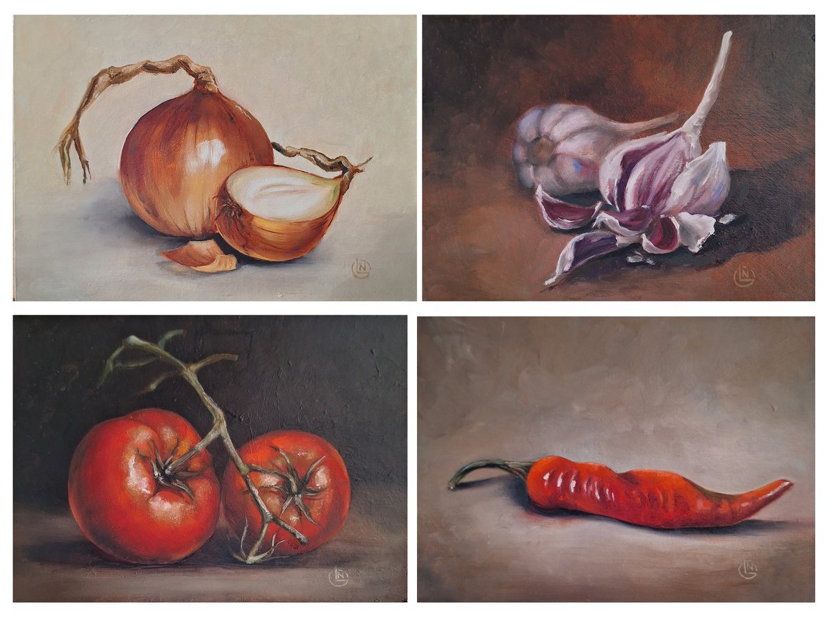Photorealistic Still Life Oil Painting By Natalia Langenberg, 7 X 5", Set Kitchen Vegetable Wall Art, Original Artwork