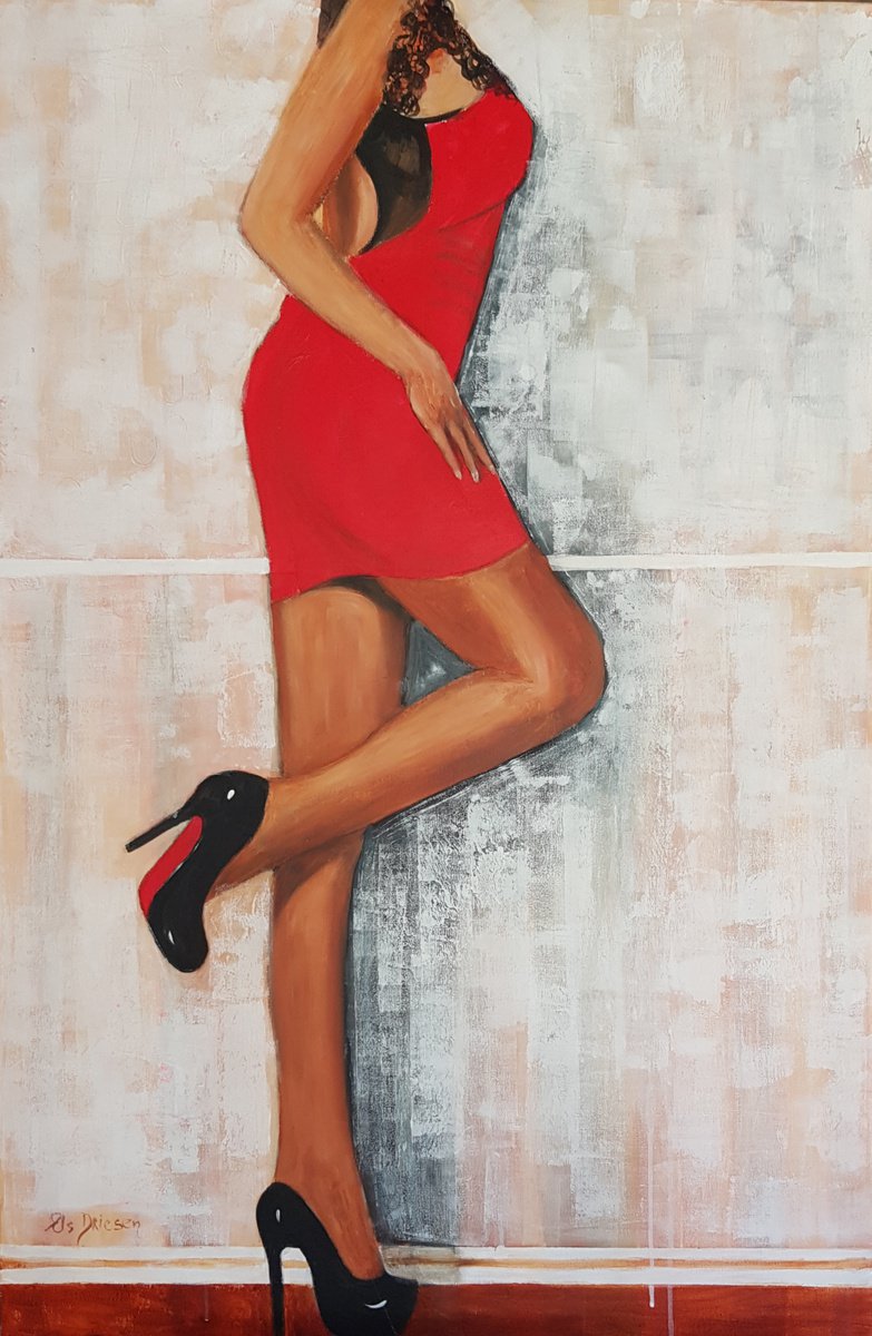 Expressive Portrait Acrylic Painting By Els Driesen, 30 X 45, Long Legs, Original Artwork