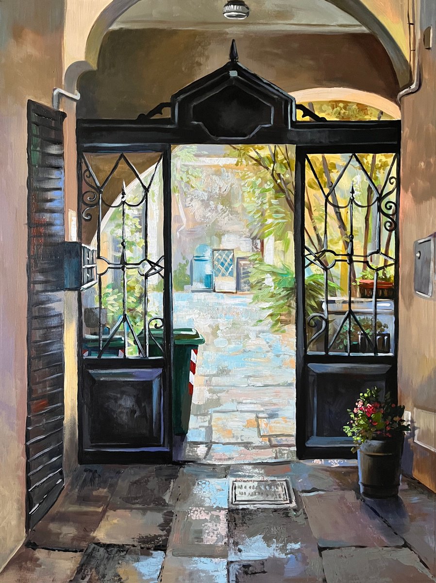 Impressionistic Landscape Acrylic Painting By Maria Kireev, 24 X 31", Courtyard In The Como, Italy., Original Artwork