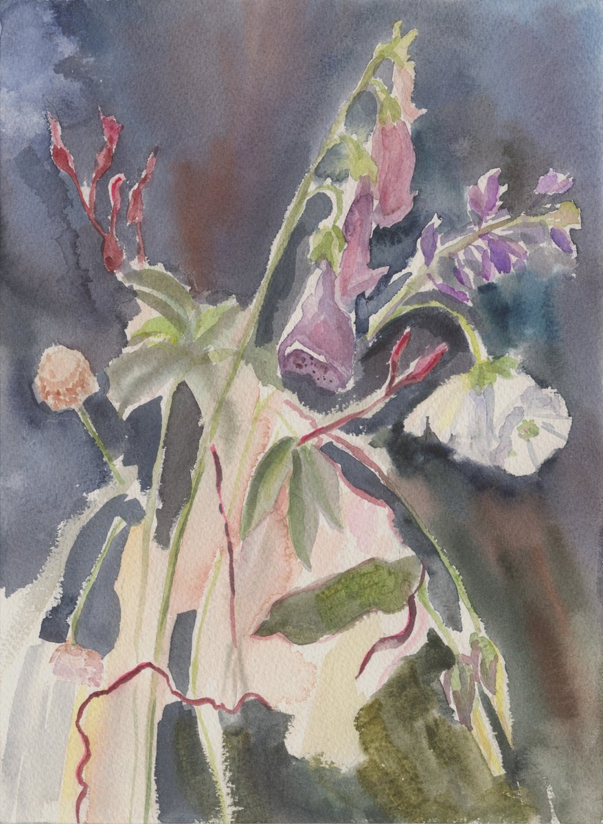 Abstract Watercolour By Elena Lykhodid, 9 X 12, Evening Flowers, Original Artwork
