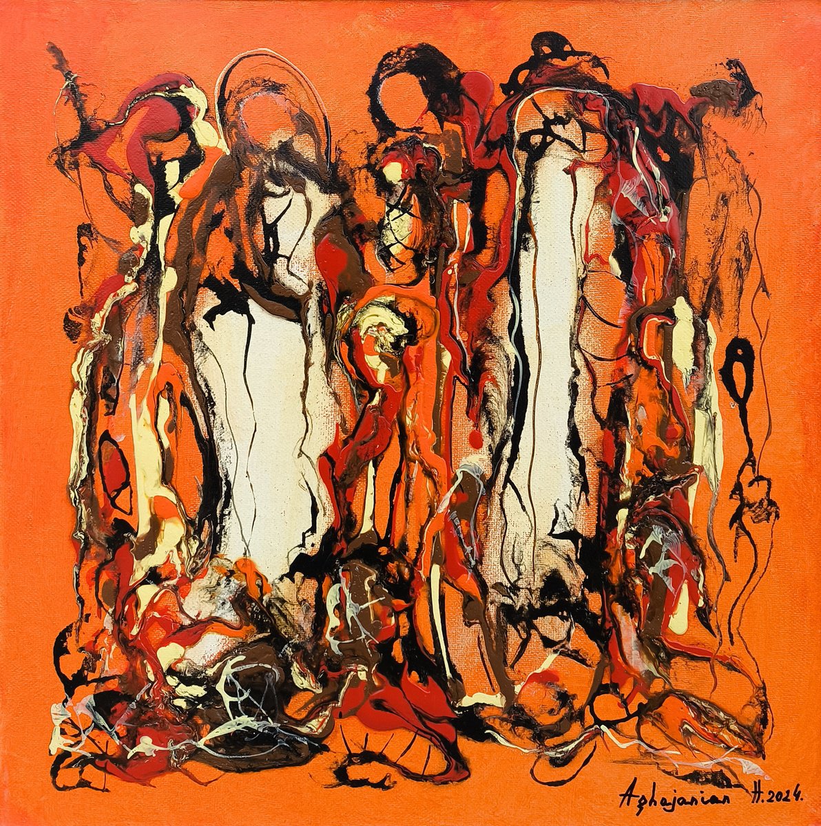 Abstract Portrait Oil Painting By Harutyun Aghajanyan, 16 X 16, Mystic Gatherings, Original Artwork