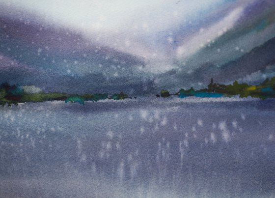 Alpes landscape. Watercolor original painting. Big format purple water reflections interior moody mist gift clouds italy