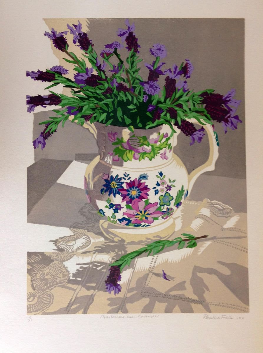 Illustrative Botanical Linocut By Rosalind Forster, 15 X 19", Mediteranean Lavender, Original Artwork