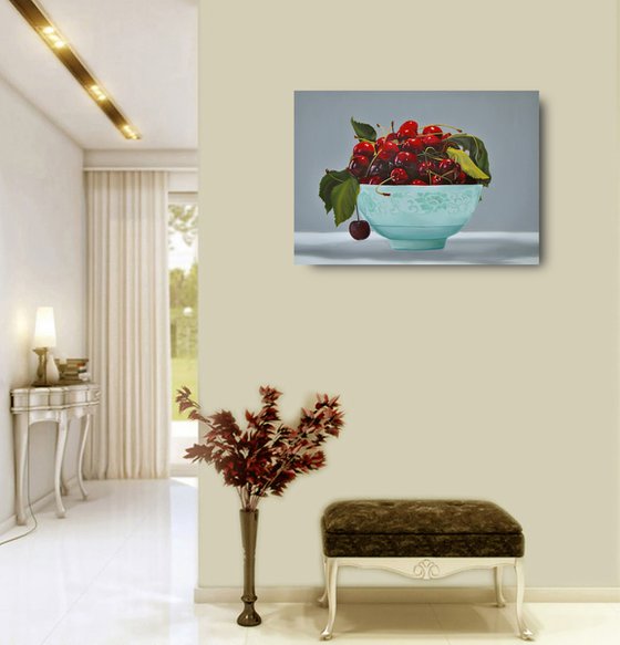 Cherries painting, Original oil on canvas realistic art, 40 x55 cm