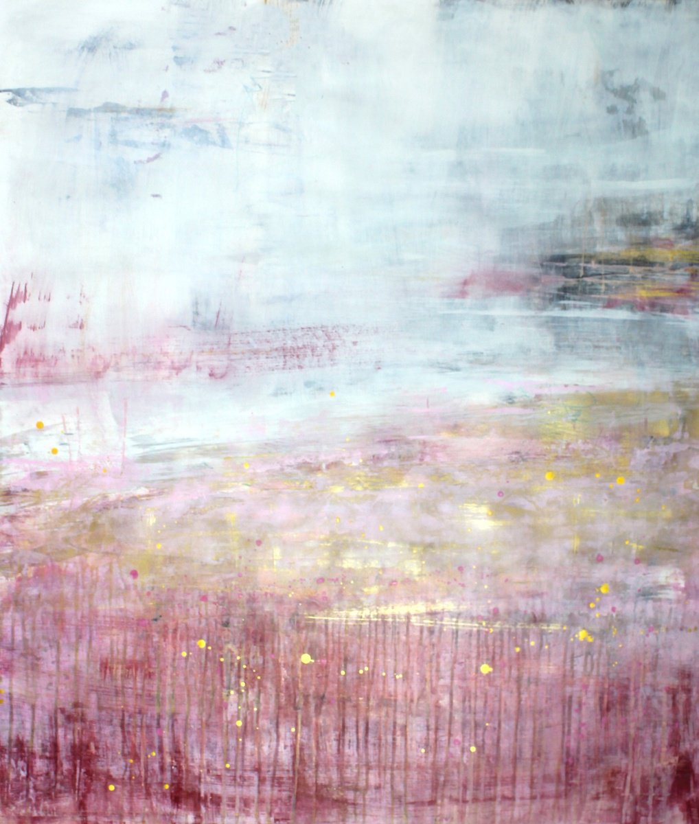 Abstract Acrylic Painting By Laura Spring, 34 X 39", Pink Landscape, Original Artwork