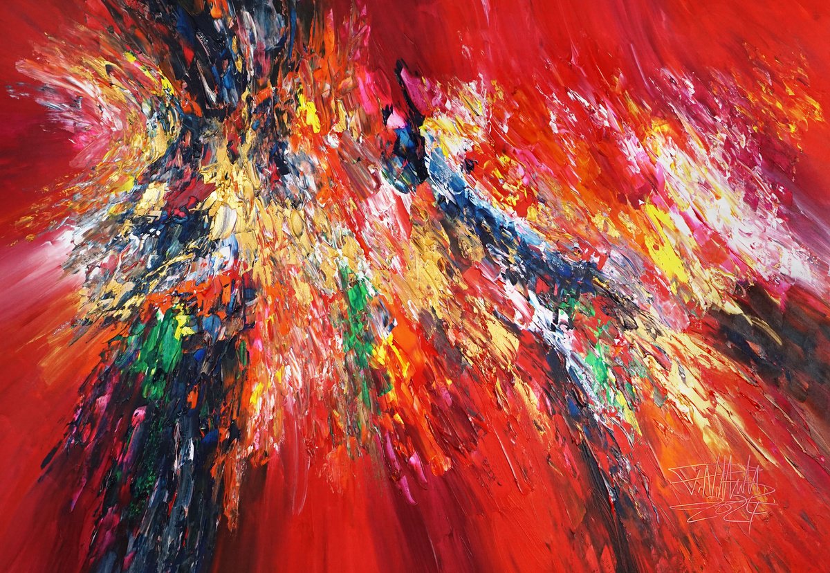 Abstract Acrylic Painting By Peter Nottrott, 61 X 41", Daydream Red And Gold D 1, Original Artwork