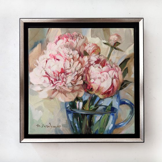 Peony art painting original on canvas 8x8, Pale pink peonies painting in oil, Flowers art canvas painting