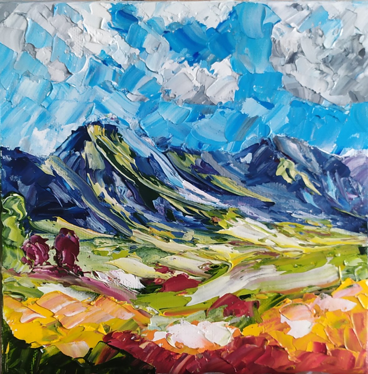 Mountains and sky, original small landscape oil painting, gift idea, art for home by Nataliia Plakhotnyk