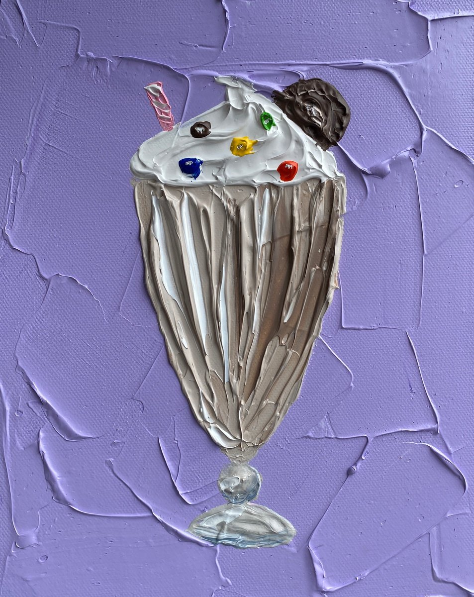 Impressionistic Still Life Acrylic Painting By Guzaliya Xavier, 8 X 10, Chocolate Milkshake On Purple, Original Artwork