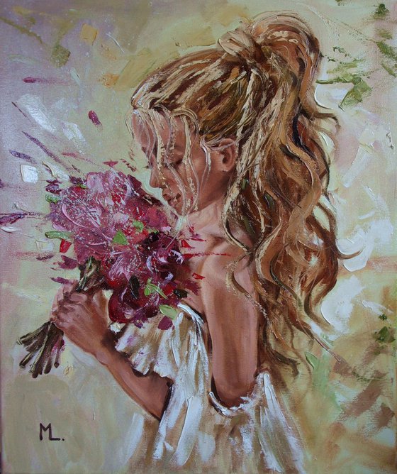 " SPRING LOVE ... "- flowers  liGHt  ORIGINAL OIL PAINTING, GIFT, PALETTE KNIFE